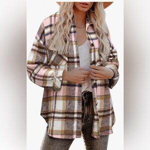 Amazon Women's Vintage Plaid Shacket Pink Brown Mid-Length Jacket M